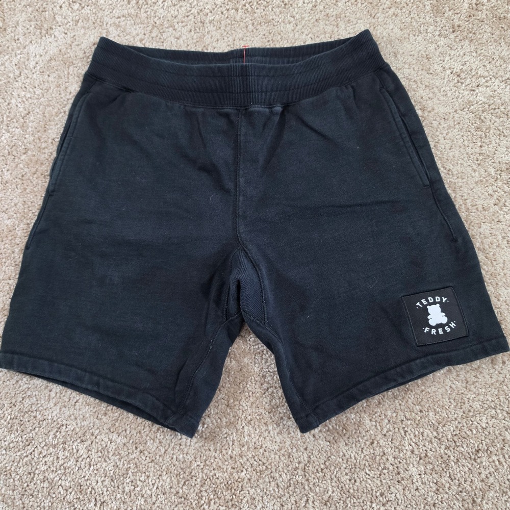 Teddy Fresh Shorts Black Cotton French Terry Logo Patch Streetwear Medium
